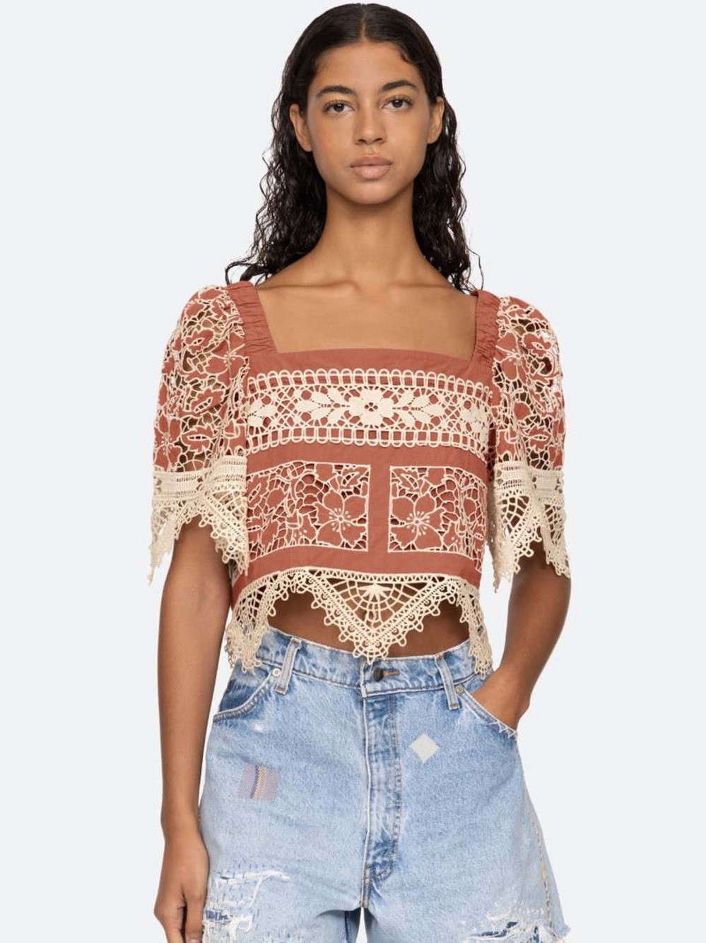 Sea New York Joah Brick  and Cream Crochet Lace Square-Neck Crop Top